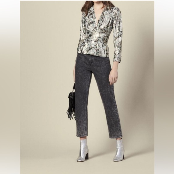 Sandro Marine Metallic Botanical Jacquard Blouse - Picture 3 of 13